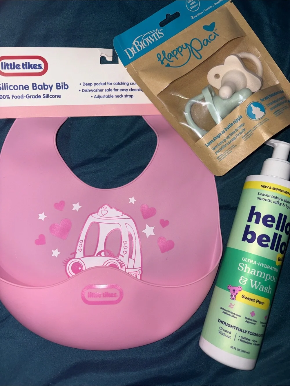 Dr Brown Happy Paci, Little Tikes Silicone Baby Bib & Hello Bello - bundle